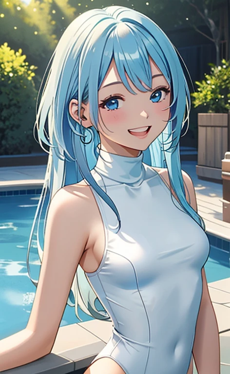 (masterpiece:1.4、top-quality、illustration:1.4,realistic、)、(character focus、breast focus,upper body:1.3)、(1girl),(Open mouth happy grin:1.3),(half closed eyes),cute face,blue eyes、()、
,(stand:1.4),(Shining smile),
,(slender),(turtleneck holder zipper white swimsuit:1.3),(long blue hair:1.6,forehead:1.3), (large breasts:1.3)、
、slender、pool,、