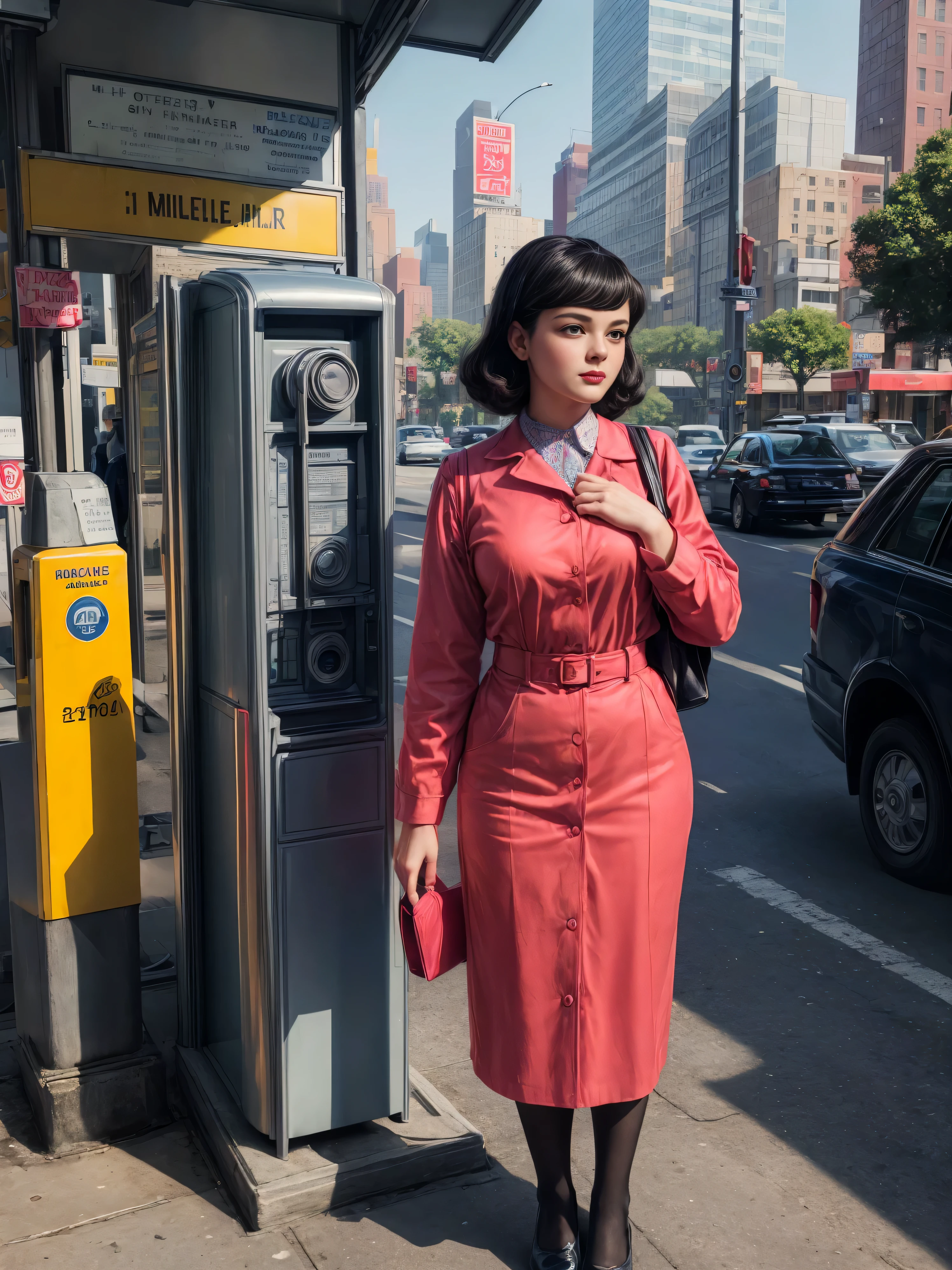 (Masterpiece, best quality, realistic, very detailed:1.2), A modest stewardess in 1959 in simple business clothes.((No bra )) of her standing on a street corner hailing a taxi stop in New York, painted by Gil Elvgren with highly visible brushstrokes.