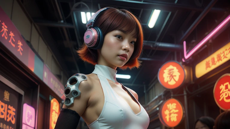 ((highest quality)), ((masterpiece)), ((Realistic)),High Contrast, 19 years old, Redhead girl, Shoulder-length hair,Headphones,(Red Neon),(cyber punkの背景), 魅惑の笑face,((非常にdetailedな目)),Very detailed glowing eyes, ((thin)) ,Rubber bodysuit, ( White one piece swimsuit ) ((sexy )) ,Slender figure,textured pixie haircut (((detailedなキャラクターシート, Front view, ~ side面図, 3/4 Views))) (((cyber punkの背景))) Six and a half whole bodies,4K,UltraSharp,Multiple Views of the same character,Charterner v2, One girl, Slender figure, (Headphones),Brown Hair, Long Hair, Orange eyes, Same clothes, Concept Art, detailed_face, line_sketch, plan, Official Art, Official Alternative Costumes, Design style, multi style, detailed character, 4_~ side, original, 8K GC, massive detailed, Multiple Views of the same character, character, technical illustration, Multiple Views,masterpiece,highest quality(masterpiece, highest quality), 32k,(非常にdetailedな美しい女性), Future Anime,The ultimate map,highlight,Headphones,Very detailed glowing eyes,Cleavage,Complex patterns,Stylish hairstyle,fluorescence((White clothes)),cyber punk