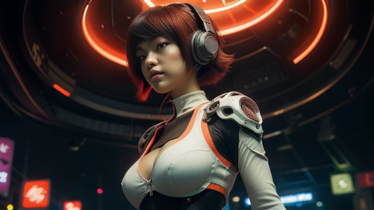((highest quality)), ((masterpiece)), ((Realistic)),High Contrast, 19 years old, Redhead girl, Shoulder-length hair,Headphones,(Red Neon),(cyber punkの背景), 魅惑の笑face,((非常にdetailedな目)),Very detailed glowing eyes, ((thin)) ,Rubber bodysuit, ( White one piece swimsuit ) ((sexy )) ,Slender figure,textured pixie haircut (((detailedなキャラクターシート, Front view, ~ side面図, 3/4 Views))) (((cyber punkの背景))) Six and a half whole bodies,4K,UltraSharp,Multiple Views of the same character,Charterner v2, One girl, Slender figure, (Headphones),Brown Hair, Long Hair, Orange eyes, Same clothes, Concept Art, detailed_face, line_sketch, plan, Official Art, Official Alternative Costumes, Design style, multi style, detailed character, 4_~ side, original, 8K GC, massive detailed, Multiple Views of the same character, character, technical illustration, Multiple Views,masterpiece,highest quality(masterpiece, highest quality), 32k,(非常にdetailedな美しい女性), Future Anime,The ultimate map,highlight,Headphones,Very detailed glowing eyes,Cleavage,Complex patterns,Stylish hairstyle,fluorescence((White clothes)),cyber punk