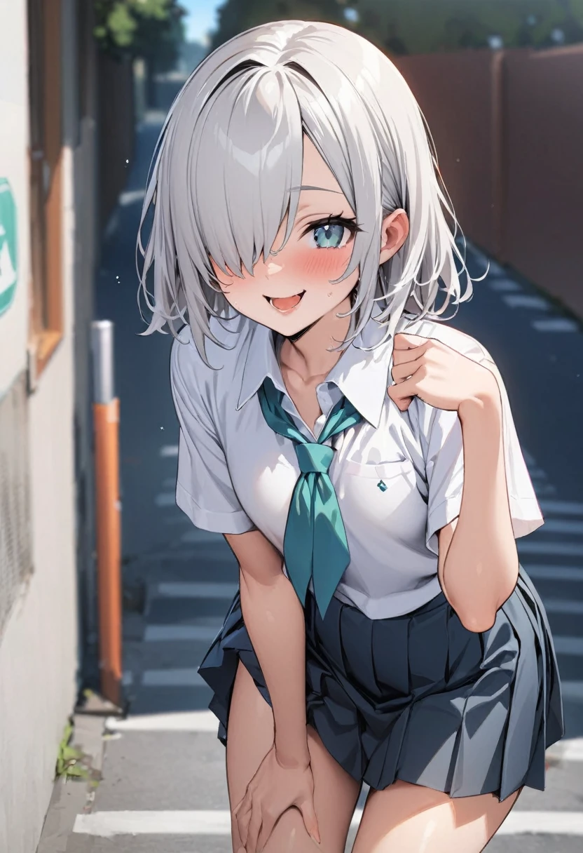((highest quality)), ((masterpiece)), (detailed), Perfect Face，Perfect Anatomy，bob hair，Hair on one eye，Half Up，14th Junior High School Student，，Silver Hair，School zone，cute，smile，Open your mouth
