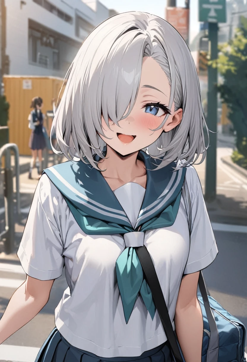 ((highest quality)), ((masterpiece)), (detailed), Perfect Face,Perfect Anatomy,bob hair,Hair on one eye,Half Up,14th Student,,Silver Hair,School zone,cute,smile,Open your mouth