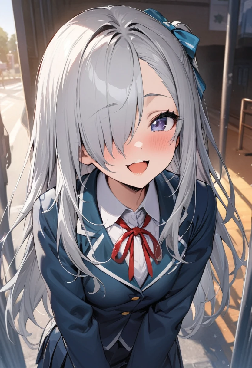 ((highest quality)), ((masterpiece)), (detailed), Perfect Face,Perfect Anatomy,bob hair,Hair on one eye,Half Up,14th Junior High School Student,,Silver Hair,School zone,cute,smile,Open your mouth