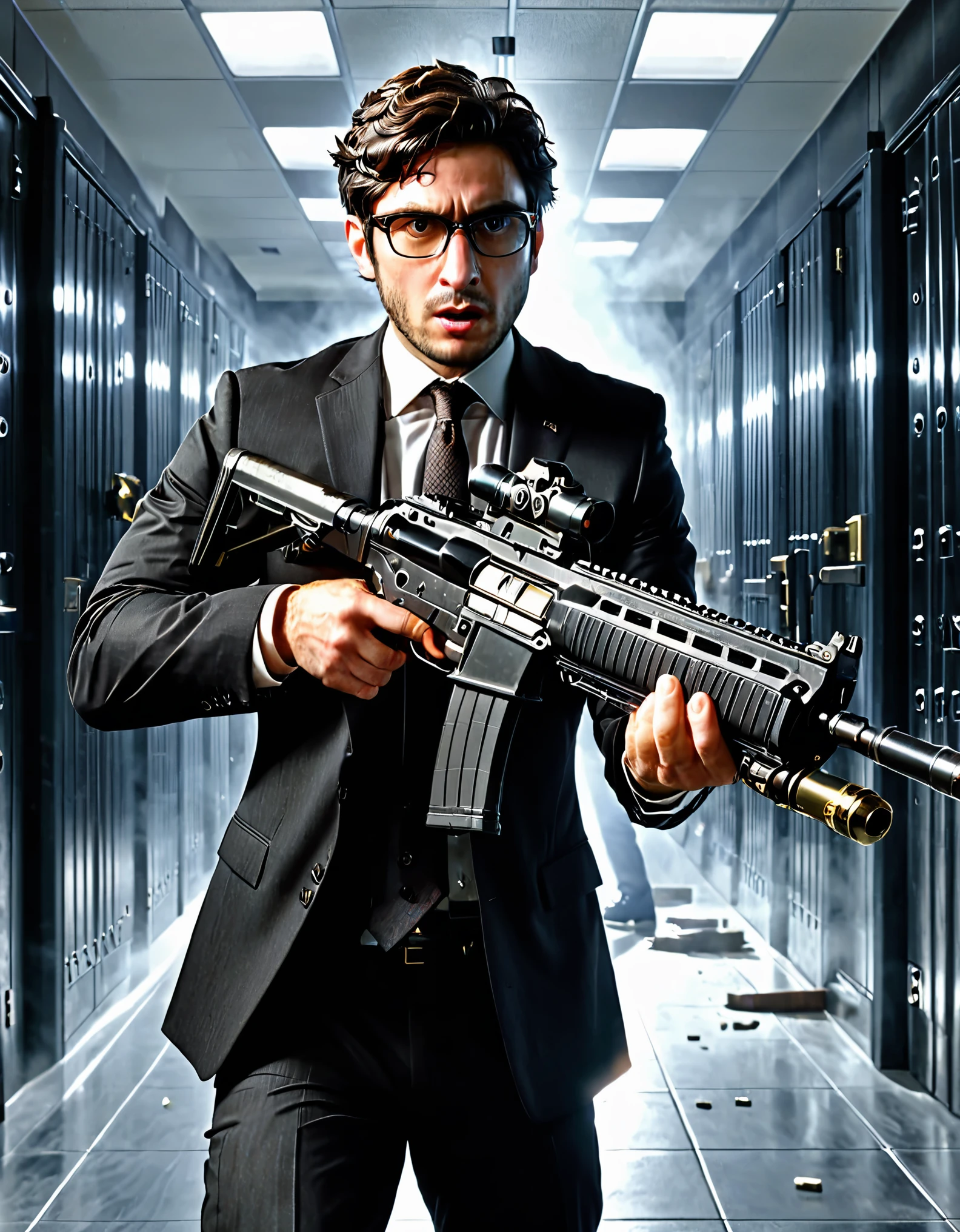 masterpiece, best quality, male focus, accountant, spanish, dark brown hair, short hair, wavy hair, dark brown eyes, glasses, three-piece black suit and tie, aiming and firing an assault rifle with a grenade launcher, bank vault backdrop, indoors, police shootout, clenched teeth, angry, atmosphere, standing