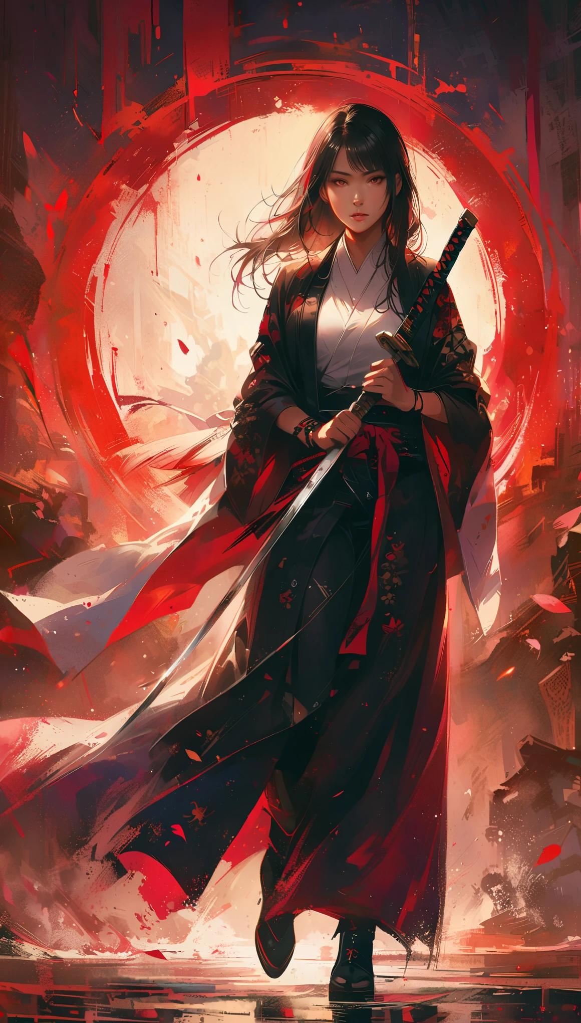 realistic, 1girl, wide portrait, beautiful japanese girl, yakuza tattoo on body, she hold katana sword near face, shining metal, eyes reflection from sword metal, white shirt and elegant black suit, elegant assassin, female swordman, Low-key lighting Style, katana,