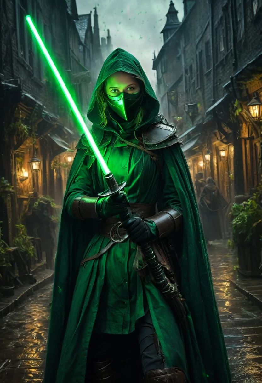 1girl, Swordsman, medieval plague doctors fighting plague infected abominations with dark green lightsabers holding them correctly like swords, green aura, Epic cinematic brilliant stunning intricate meticulously detailed dramatic atmospheric maximalist digital matte painting