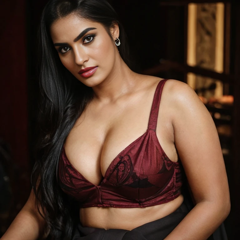 (close up, Face portrait, editorial photograph of a (36DD Egyptian arabian women, 27yo woman, curvy body ,beauty pale skin: 1.3),), long oval shaped face, (highly detailed face:1.4) (smile:0.7) (background inside dark, seductive posture, moody, private study:1.3) POV, by lee jeffries, nikon d850, film stock photograph ,4 kodak portra 400 ,camera f1.6 lens ,rich colors ,hyper realistic ,lifelike texture, dramatic lighting , cinestill 800, natiral light from windows, woman with clevage, full wet, with long flowing hair, black eyes, with flowing capes, wearing silk saree, perfect composition, hyperrealistic, super detailed, 8k, high quality, trending art, trending on artstation, sharp focus, studio photo, intricate details, highly detailed, looking at the Camera, lusty look, natural makeup, dramatic ligting, red lips, detailed skin texture, seductive look, huge Clevage visible, low angle shot,