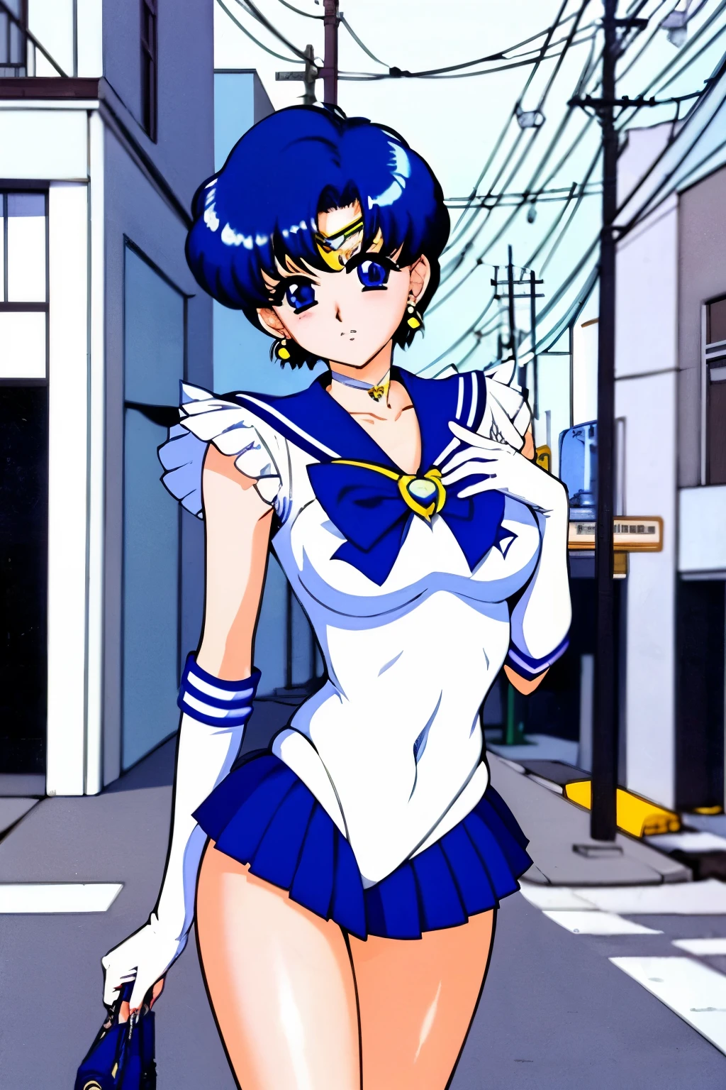 best quality,masterpiece,1girl, solo,,Sailor Mercury, Ami Mizuno, neck ribbon, blue hair, short hair, circlet, jewelry, crescent earrings,in street