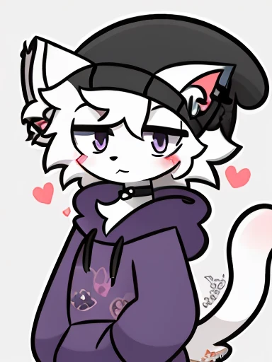 ((Better quality ,Work of art)) , anthro cat boykisser ,beanie ,goth Clothing ,((Purple hoodie))  , white body ,cat ears