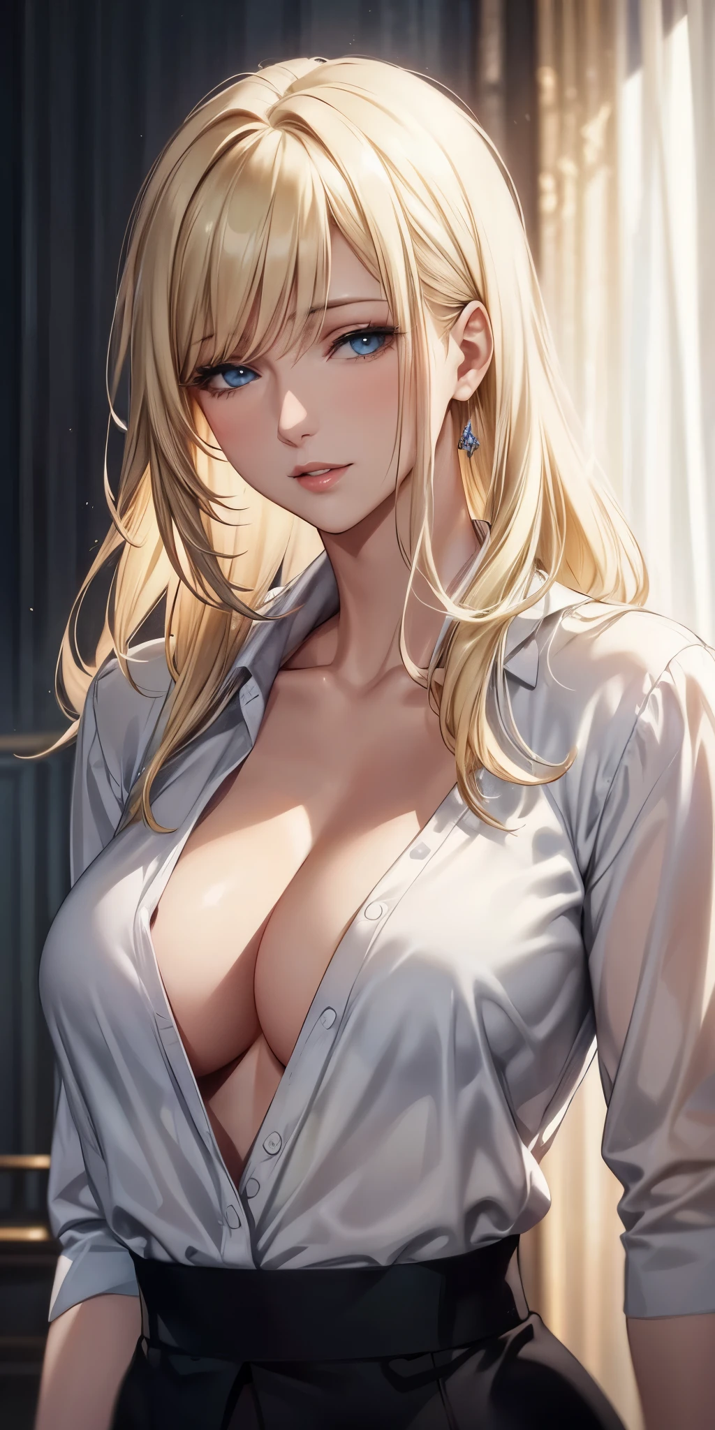 portrait, realistic, sexy mature woman, blue eyes, blonde hair, 4k resolution cg, beautiful cg, soft light