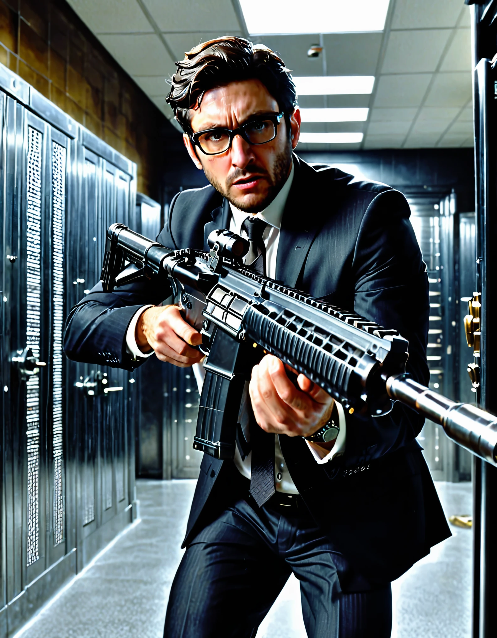masterpiece, best quality, male focus, accountant, spanish, dark brown hair, short hair, wavy hair, dark brown eyes, glasses, three-piece black suit and tie, aiming and firing an assault rifle with a suppressor, bank vault backdrop, indoors, police shootout, clenched teeth, angry, atmosphere, standing
