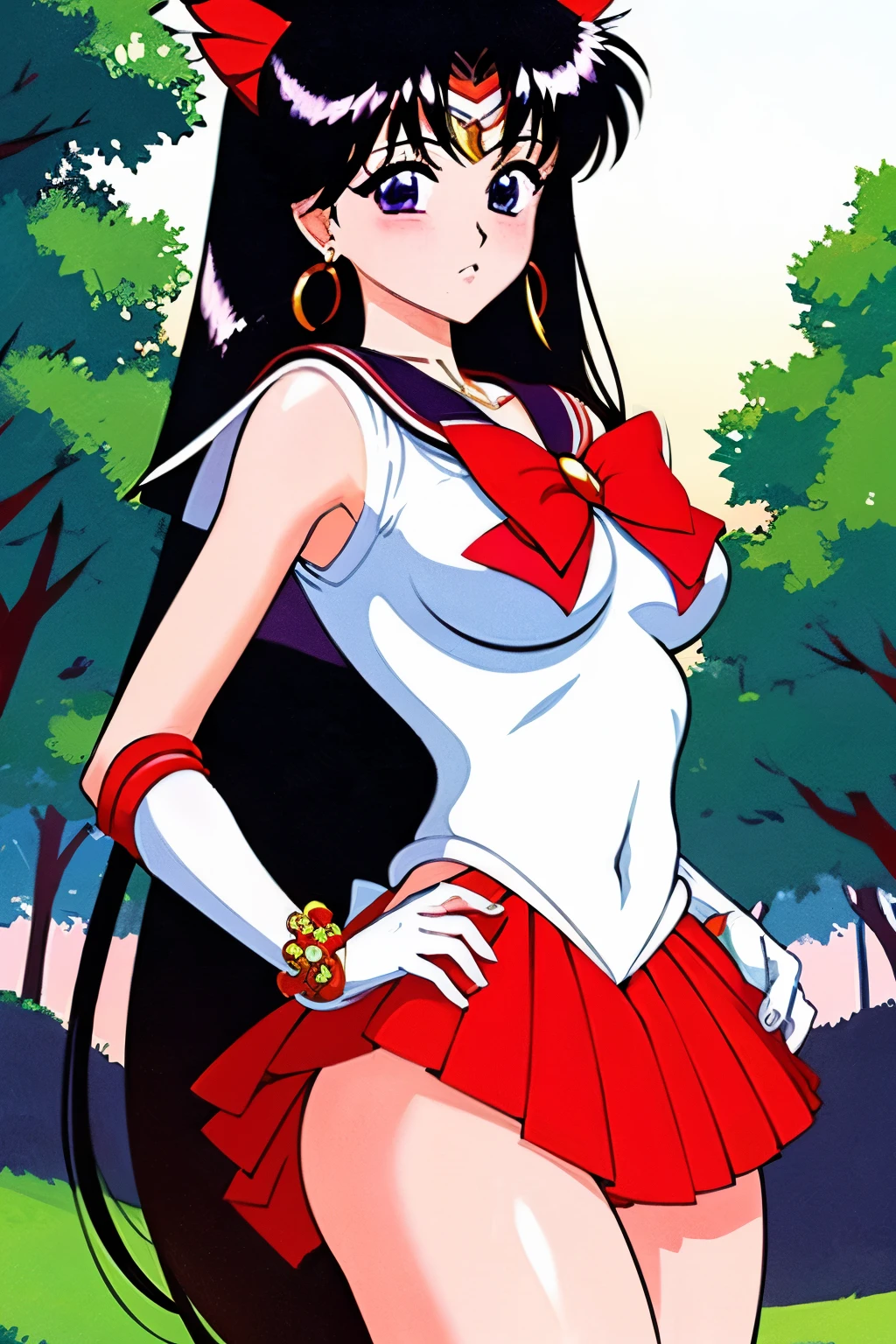 best quality,masterpiece,1girl, solo,,Sailor Mars, Rei Hino, ( neck ribbon, long hair, circlet, jewelry, crescent earrings),in park