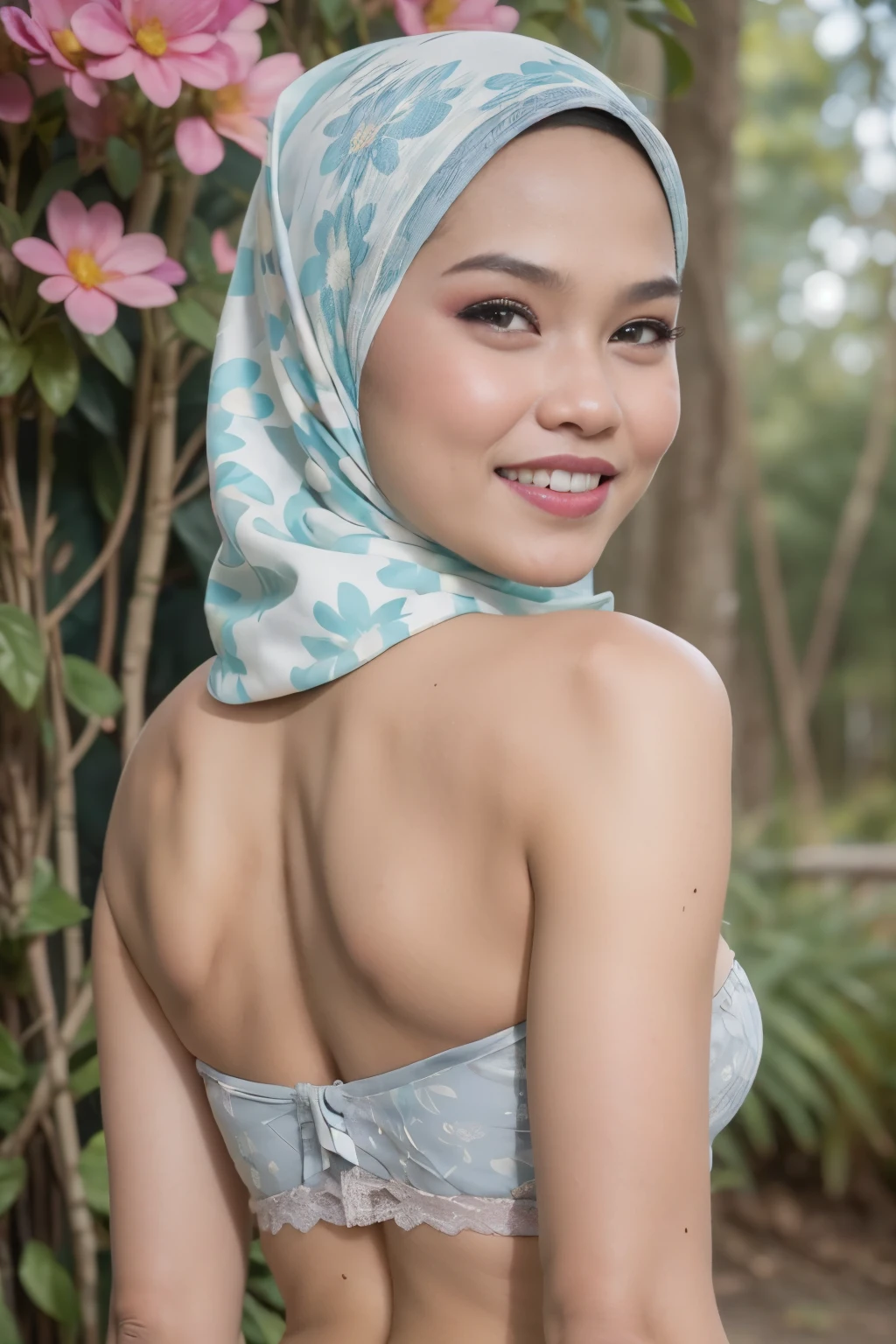 HEAVY BUTT, ((Open mouth Happy Smile)), ((Lace)), (Happy smile), (((HIJAB MALAY GIRL))), masutepiece, High quality, UHD 32K, Realistic face, Realistic skin feeling , A Japanese Lady, 58 years old matured lady, , Very cute and baby-like face, (((FLAT CHEST))), (Night time at forest), ((look In front at the camera and SADNESS)), (((SILVER FLUORESCENT))), (((CUTE GIRL))), ((SILVER FLUORESCENT LIPS)), ((Floral Pattern)) little wearing green fluorescence strapless bra, strapless colorful bra, dark night background , black forest night, horror scary place, (from behind up) seductive pose, GREEN FLUORESCENT