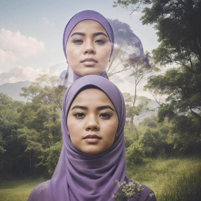 Combine a portrait of a Malay man and Mira filzah actress Malaysia malay girl in hijab with a serene natural lavender  landscape, creating a harmonious double exposure effect, double exposure drama poster style,