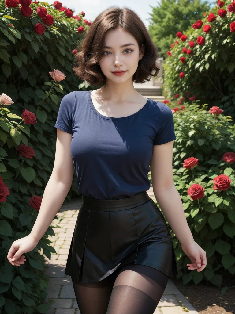 warm smile (masterpiece), (best quality), (realistic), (red lips), realistic girl, one adult woman, pale skin, blue eyes, curly black hair, eye brown, brown eyes, nose, ear, mouth, lips, neck, shoulders, medium chest, (random color shirt, plain t-shirt, short black skirt, tight tights), waist, thick legs, thick thighs, (garden with so many roses background), (short hair), (without nipples)