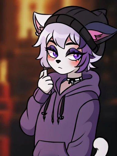 ((Better quality ,Work of art)) , anthro cat boykisser ,beanie ,goth Clothing ,((Purple hoodie))  , white body ,cat ears