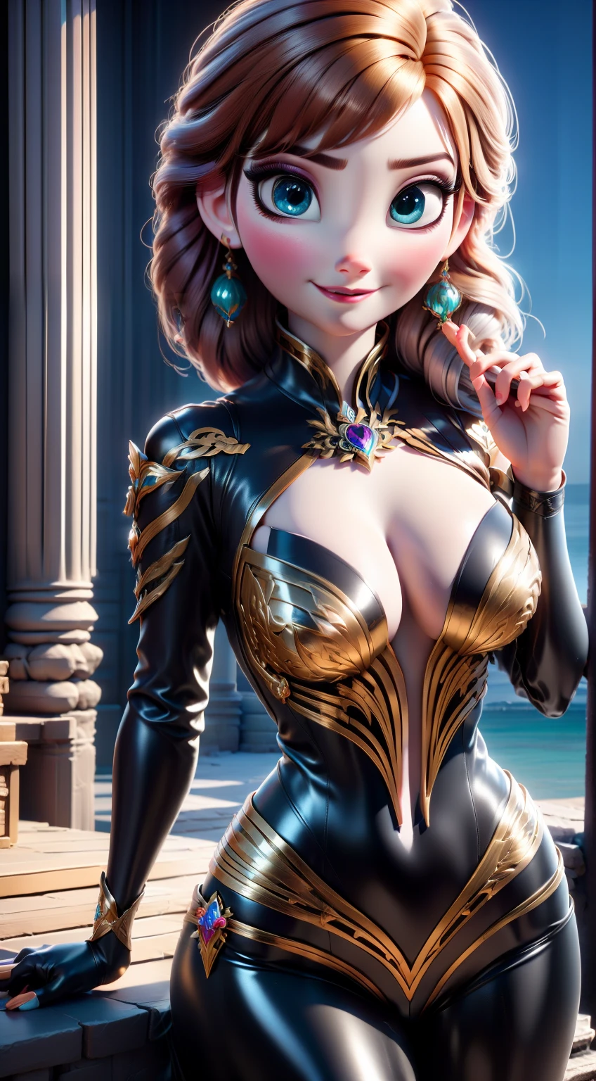 1 kawaii anime girl, nsfw, japanese girl, solo, bright aqua eyes, glasses, eyelids, blush, seductive smile, naughty expression, red lips, cute hair bangs, bob short hairstyle, bright aqua hair,  heart shape earings, collar, collarbone, y body, slim waist, navel, natural medium breleavage,flat chest, cleavage, detaile dress, pink color  armor, gold and black color ornament on the dress, erotic pose, looking at viewer,green background, upper body