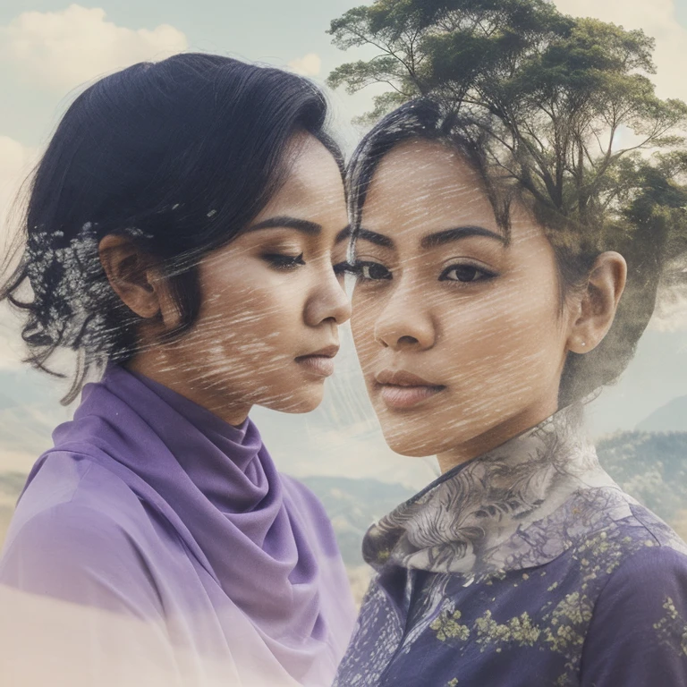 Combine a portrait of a Malay man and Mira filzah actress Malaysia malay girl in hijab with a serene natural lavender  landscape, creating a harmonious double exposure effect, double exposure drama poster style,