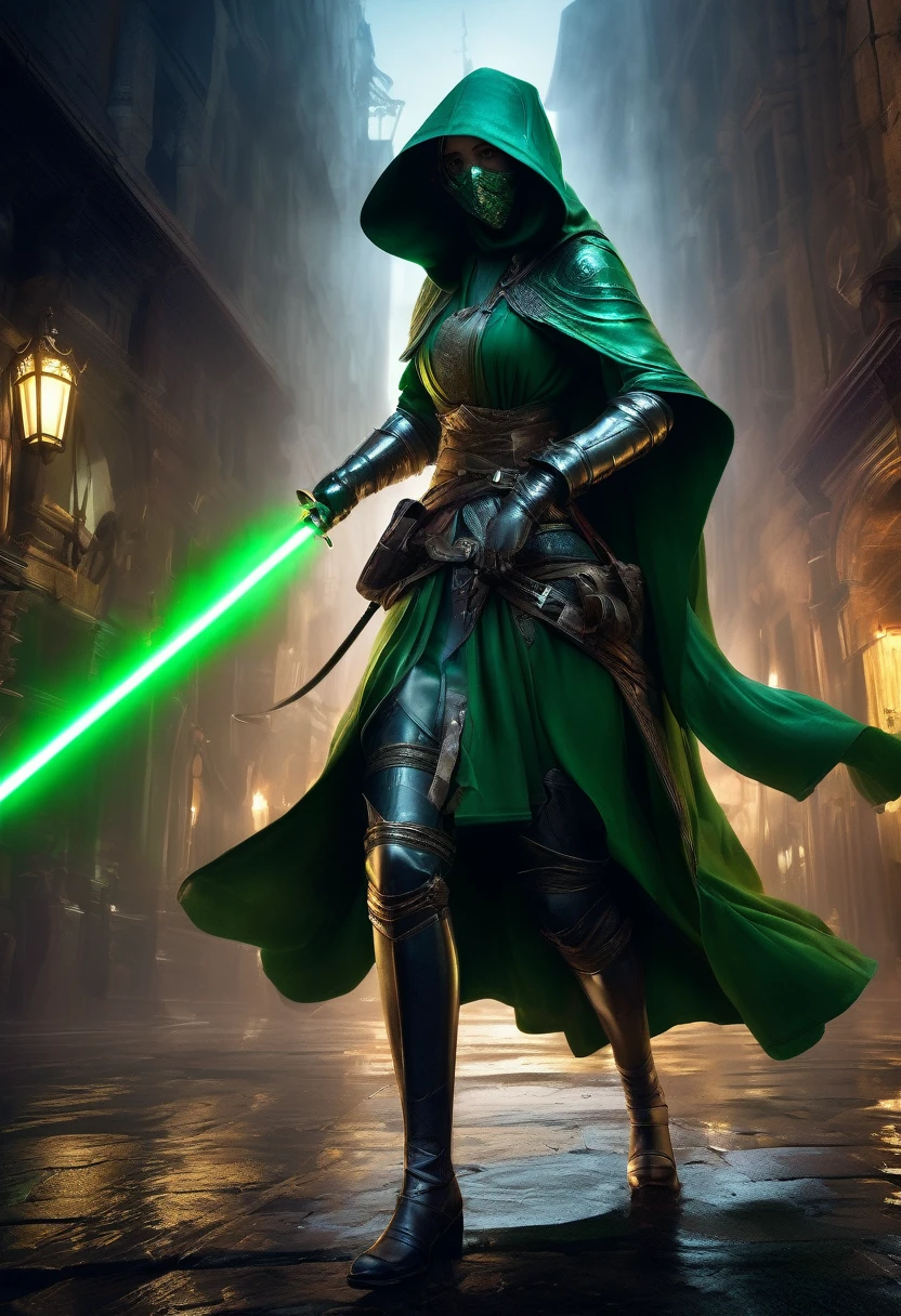 1girl, Swordsman, medieval plague doctors fighting plague infected abominations with dark green lightsabers holding them correctly like swords, green aura, Epic cinematic brilliant stunning intricate meticulously detailed dramatic atmospheric maximalist digital matte painting