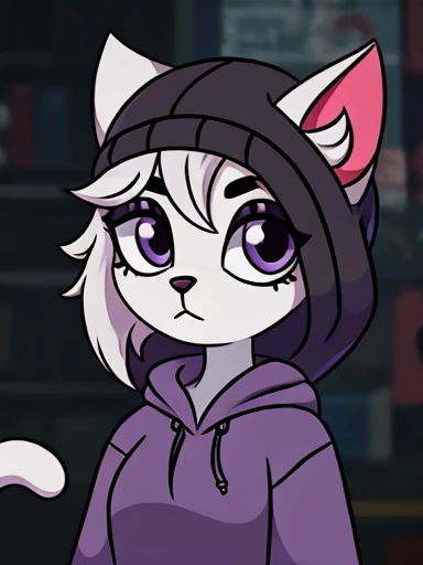 ((Better quality ,Work of art)) , anthro cat ,beanie ,goth Clothing ,((Purple hoodie)) , white body ,cat ears , Black pupils