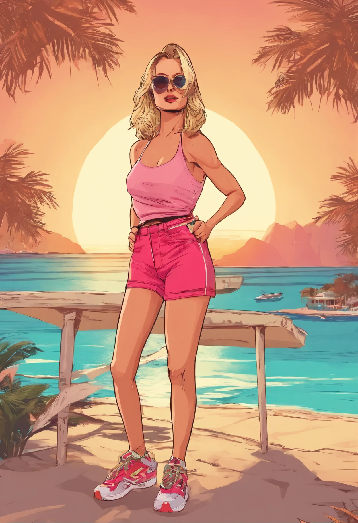 Margot Robbie, чёрные латексные блестящие leggings, masterpiece, Best quality, tanned skin, I look at the viewer, sportswear, leggings, walking on the beach , in sneakers, Simple background, palm trees, from below, Sunglasses,gta5 lady