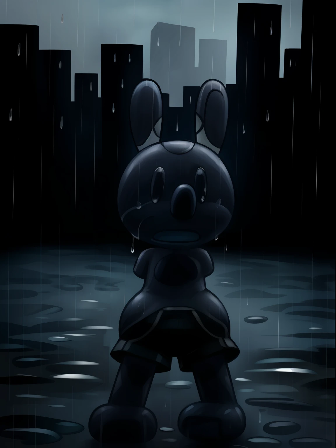 Oswald, armless, missing arms, no arms, black eyes, blue shorts, white polka dots on ears, sad expression, open mouth frown, crying, tears, expressive, dynamic angle, city street background, raindrops, raining, intricate details, masterpiece, colofur