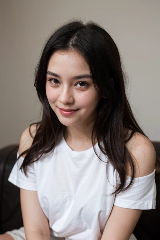 a woman around her 20’s wearing a Oversized white shirt a short pants long as an inch, she have a long black hair and white skin. she has small smile and blush in his cheek