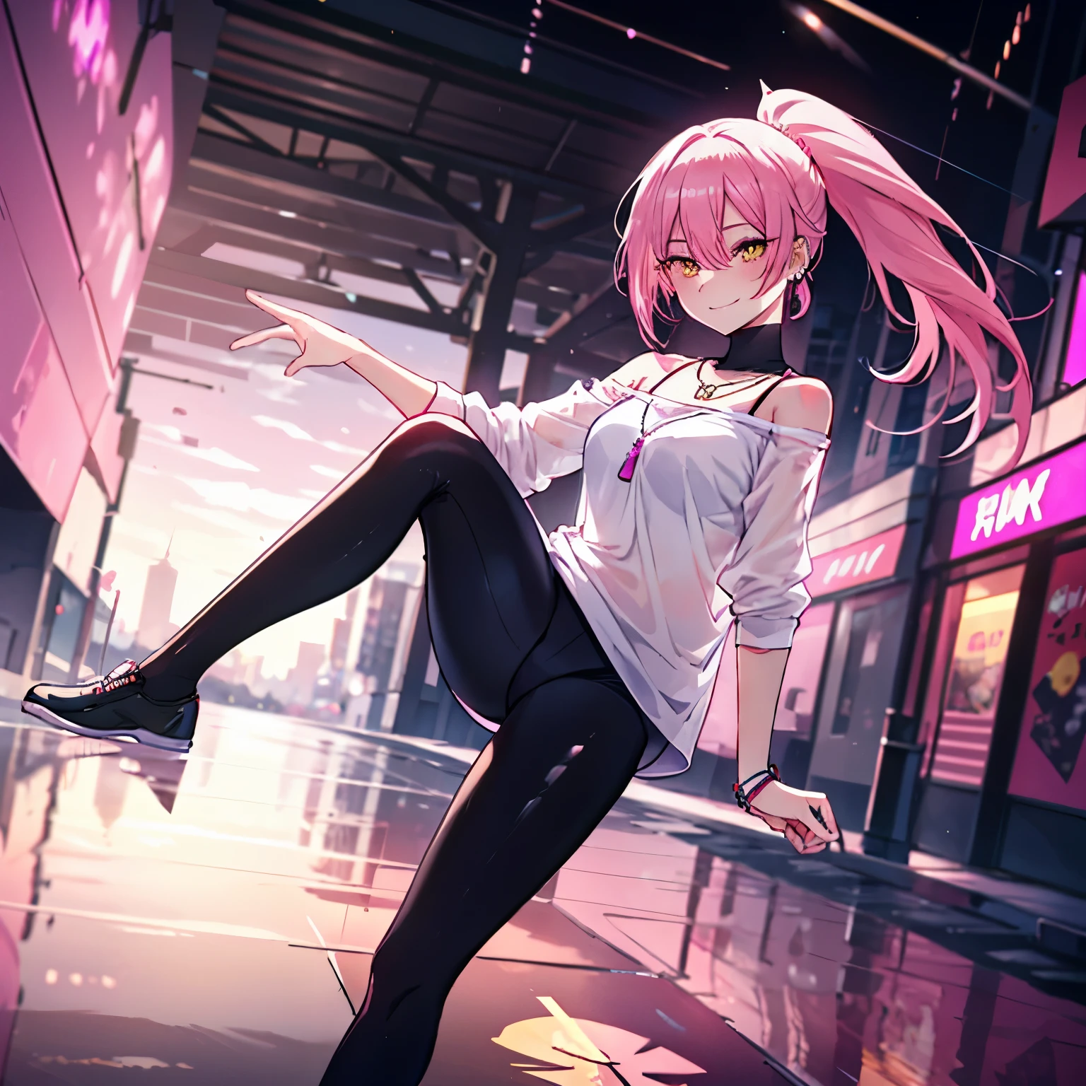 1 girl, yellow eyes, ponytail, long hair, Pink hair, medium breast, middle ass, smile, happy, Hairpins, necklace, smile, happy face, Park, day, earrings, leggings, mesh blouse, black top, foot, blurred background, ultra detailed, 8K wallpaper, reflection the world, ray tracing, realistic