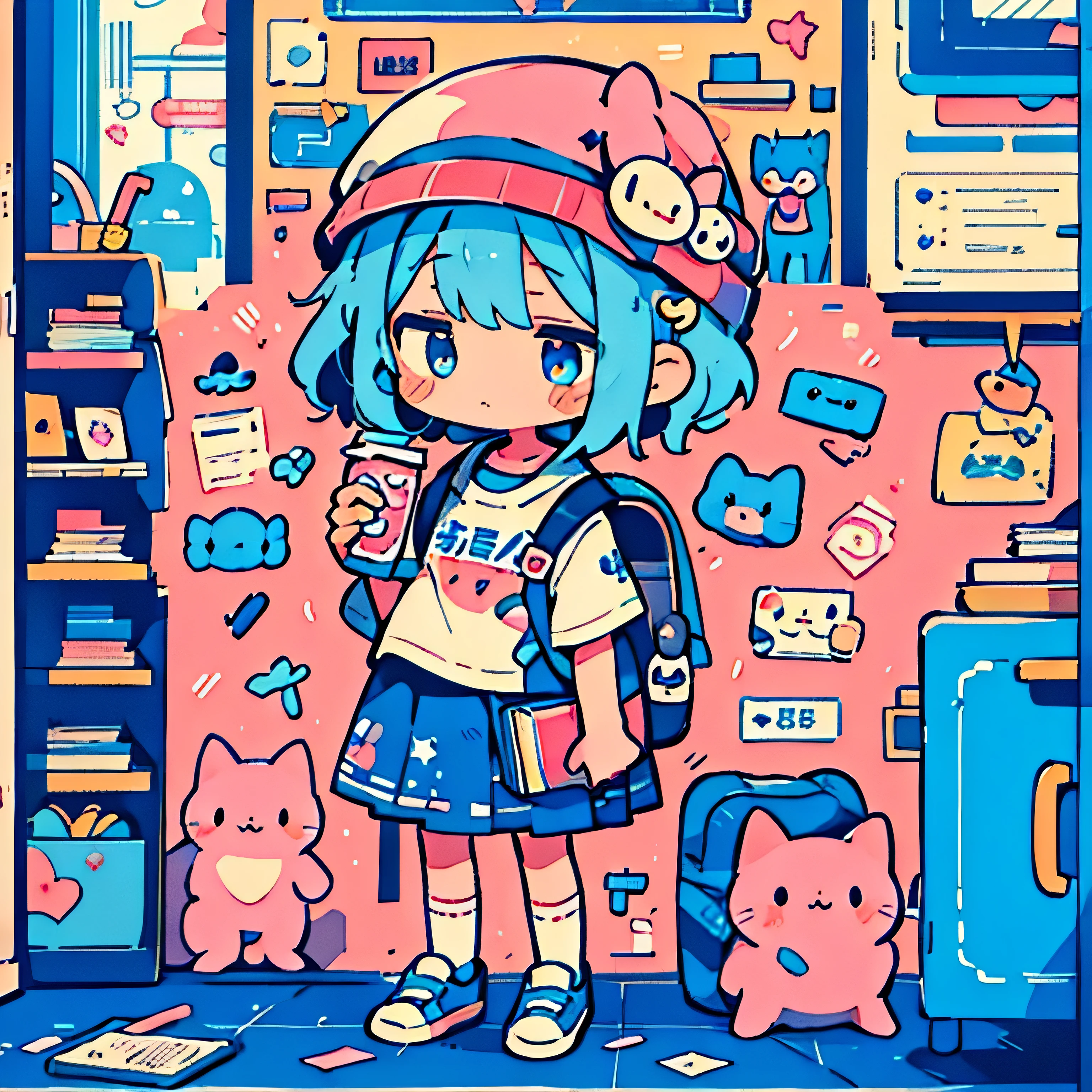 1 girl, short pink and blue hair, design on her t-shirt with kawaii, stickers on her face, a kawaii backpack with many keychains and decorations, wears a school skirt, has a book and a soda in her hands, is in a bookstore with many floors ,masterpiece, top-quality, Top image quality