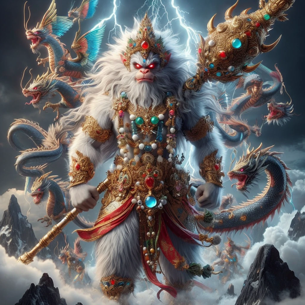 Very realistic, real looking, Balinese version of the hybrid. Hanuman with sharp red eyes and white feathers. Holding a huge club weapon decorated with colorful gemstones, surrounded by golden, blue and lightning dragons, highly detailed, deep black clouds, 3D photo realistic background, volumetric lighting mountain, 8K