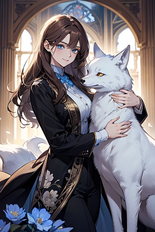 (highest quality,High resolution,Very detailed),1 girl, Beautiful and exquisite light blue eyes, brown hair, Cold Smile,Grudge,I was indignant,Blue floral ornamentwo
後ろで結んだストレートロングヘア, wearing a black suit, Mature Woman, Age 25,Cruel smile, Calm and Calm, Slim figure, Pale complexion, thin, Calm, secretary,He has a big white fox with him..,Carrying a big white fox,Blue floral ornament