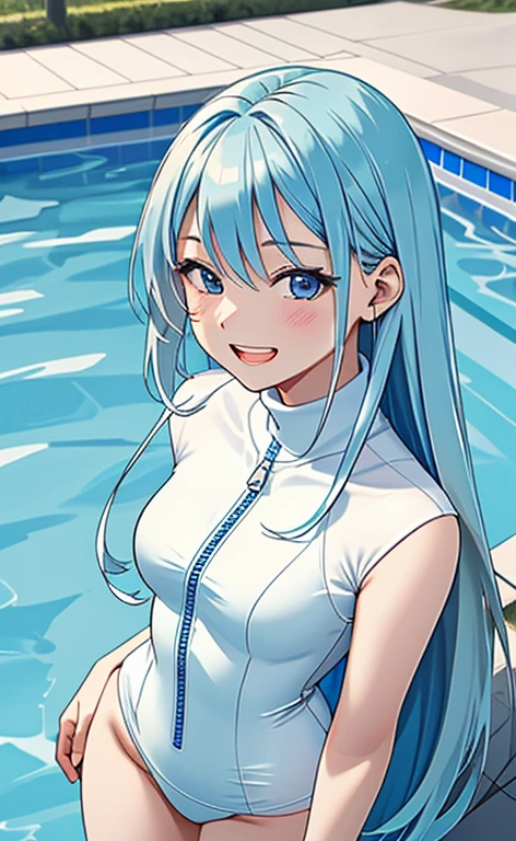 (masterpiece:1.4、top-quality、illustration:1.4,realistic、)、(character focus、breast focus,upper body)、(1girl),(Open mouth happy grin:1.3),(half closed eyes),cute face,blue eyes、()、
,(stand:1.4),(Shining smile),
,(slender),(turtleneck holder zipper white swimsuit:1.3),(long blue hair:1.6), (small breasts:1.3)、
、slender、pool,、