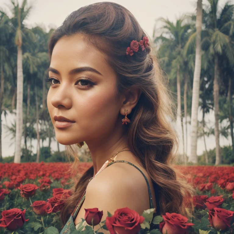 a close up photo Mira filzah actress Malaysia, woman standing in a field of red roses, islamic art, arabian art, ”beautiful woman, roses background, beautiful flower, depicting a flower, flowers background, woman in flowers, very very beautiful art, beautiful digital artwork, very beautiful digital art, beautiful art uhd 4 k, rose background, beautiful woman, romanticism artwork