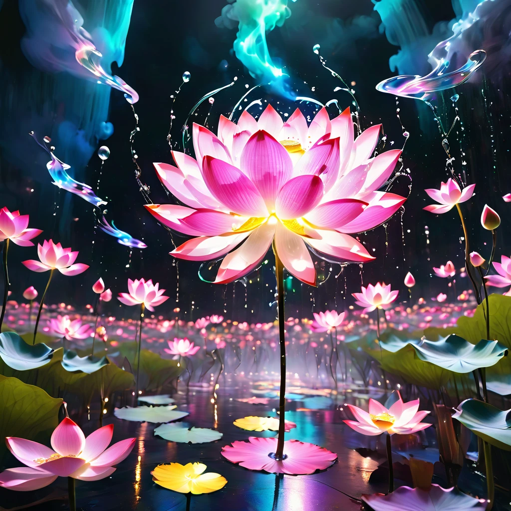 Picture a surreal night scene where Lotus flower glow with luminous, neon colors against a pitch-black sky. The ground is unseen, giving the impression that the flower and viewers are suspended in an infinite void. Fireflies and ethereal lights swarm around the branches, while petals whirl in the air, forming shapes and patterns that tell ancient tales. The laws of physics are bent as petals and light sources create a floating path, inviting onlookers into a mesmerizing, dreamlike journey.