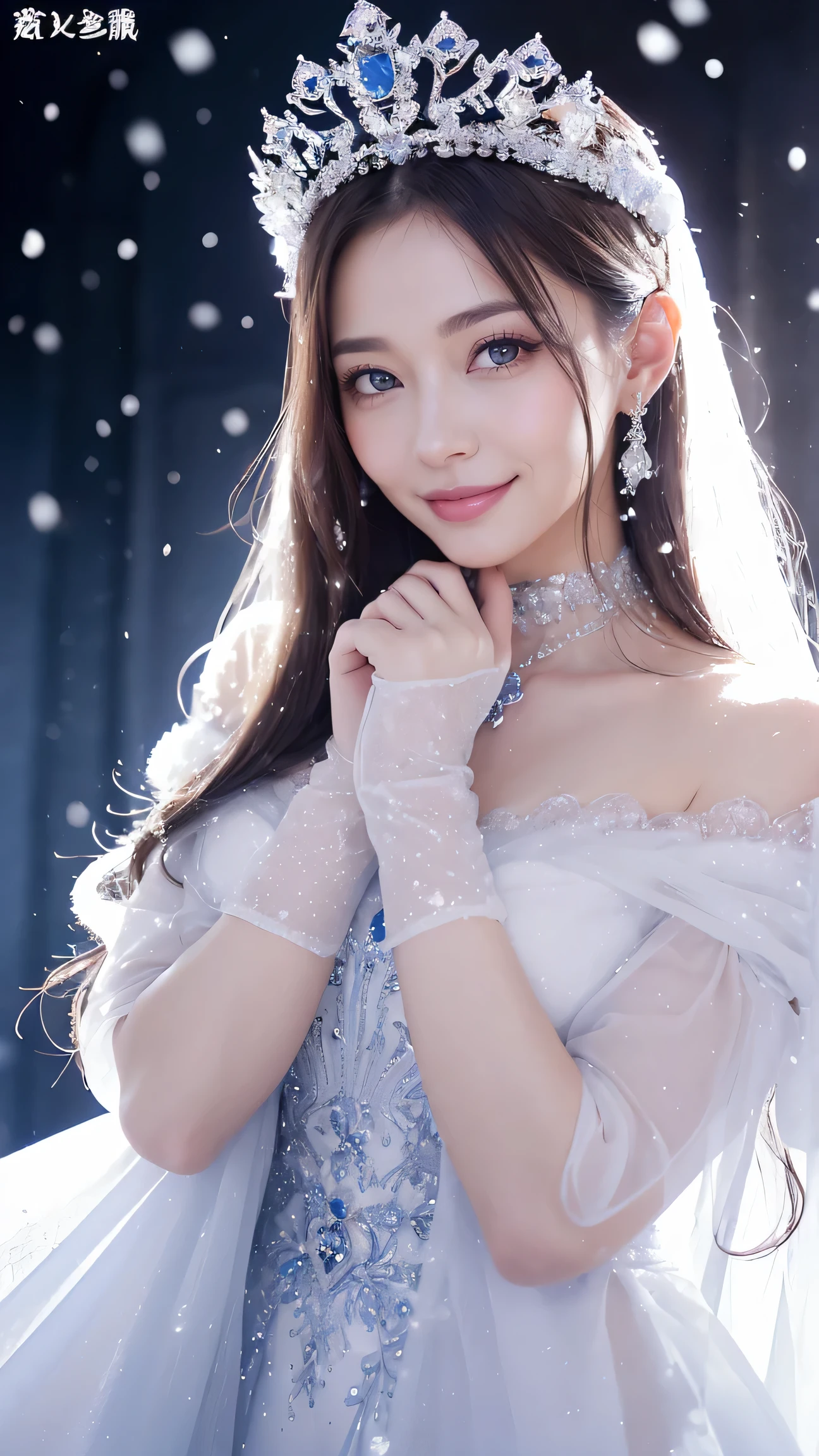 (masterpiece、highest quality、Best image quality、8k、Award-winning works)、One goddess、(The most extravagant, Shine, Luxury Giant Costume:1.1)、(The most luxurious and highest quality giant tiara:1.1)、(The most luxurious and highest quality giant necklace:1.1)、(Beautiful purple and white gradation top-class goddess costume:1.2)、(goddess&#39;The elaborately decorated costume shines in purple and white...:1.1)、(A top-class goddess costume with an exquisite purple and white gradation:1.1)、Upper body photo、(Look at me with your best smile:1.2)、Big Breasts、beautiful transparent sleeves of the highest quality、(High quality transparent sleeve with jewel embellishment:1.1)、Expose&#39;shoulder、Standing Elegantly、(The backdrop of the most luxurious palace made of ice:1.4)、(The most elaborate and luxurious ice palace cathedral:1.3)、(Inside the most mysterious giant ice palace:1.4)、(The most beautiful cathedral made of crystal clear ice:1.4)、(Beautiful transparent ice:1.1)、(Mysterious fairy tale light blue fog:1.15)、The background is an elaborate ice palace、Beautiful ice ceiling、(Intricately Shine Transparent Ice Palace Interior Background:1.4)、(Elegant palace pillars made of ice:1.05)、The most intricate and luxurious decoration、(A large amount of jewellery:1.1)、最もComplex and detailed background、(beautiful, Are you okay, It&#39;s snowing brightly:1.2)、Are you okay Shine snow、(Tyndall effect:1.1)、Subtle Shine snow、Spectacular Cinema Lighting、Perfect Makeup、Long eyelashes、Beautiful Eyeshadow、(Accurate anatomy:1.1)、Natural forehead、Complex and detailed background、The most subtle sparkle、A deep background、Low contrast、Surrounded by soft light、(Body facing forward:1.1)