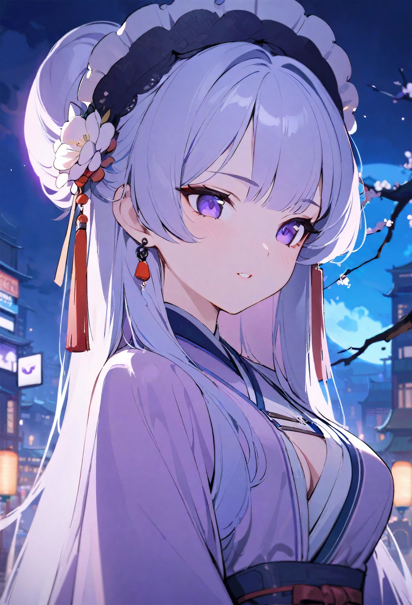 (shyly/(Twitch/):1.5),(masterpiece:1.2),(Best quality:1.2),, (1 girl:1.3),(source:1.5), cinema light, super high resolution, Chinese art, 1 girl, One, middle of chest, night, Moon, city street, headdress, hair flower, Chinese art, Hanfu, branch, long hair, belt, upper body, chinese clothes, Jewelry, long sleeves, earrings, flower branch,