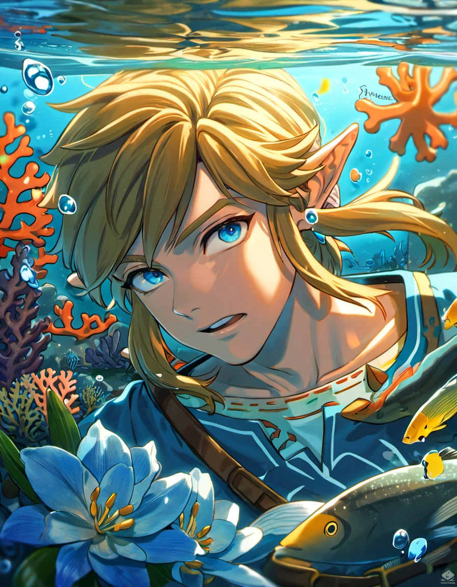 absurdres, highres, ultra detailed, HDR, master piece, best quality, link, blond hair, expressive blue eyes, the legend of zelda, breath of the wild, man, solo, handsome, blue tunic, blue petals, underwater, blue lilies, coral, fish