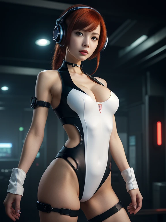 ((highest quality)), ((masterpiece)), ((Realistic)),High Contrast, 19 years old, Redhead girl, Shoulder-length hair,Headphones,(Red Neon),(cyber punkの背景), 魅惑の笑face,((非常にdetailedな目)),Very detailed glowing eyes, ((thin)) ,Rubber bodysuit, ( White one piece swimsuit ) ((sexy )) ,Slender figure,textured pixie haircut (((detailedなキャラクターシート, Front view, ~ side面図, 3/4 Views))) (((cyber punkの背景))) Six and a half whole bodies,4K,UltraSharp,Multiple Views of the same character,Charterner v2, One girl, Slender figure, (Headphones),Brown Hair, Long Hair, Orange eyes, Same clothes, Concept Art, detailed_face, line_sketch, plan, Official Art, Official Alternative Costumes, Design style, multi style, detailed character, 4_~ side, original, 8K GC, massive detailed, Multiple Views of the same character, character, technical illustration, Multiple Views,masterpiece,highest quality(masterpiece, highest quality), 32k,(非常にdetailedな美しい女性), Future Anime,The ultimate map,highlight,Headphones,Very detailed glowing eyes,Cleavage,Complex patterns,Stylish hairstyle,fluorescence((White clothes)),cyber punk