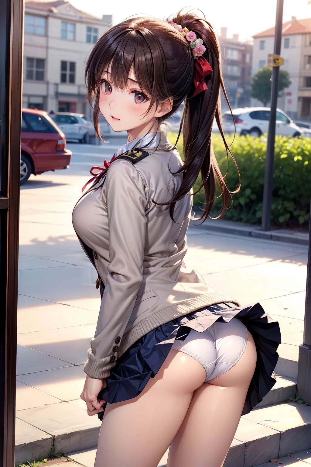 (masterpiece, highest quality, High resolution, 超High resolution, Perfect Pixel, Depth of written boundary, 4K, RTTX 10.0, High resolution))), (One woman:1.3), Beautiful Anime Women, Beautiful art style, Anime characters, ((Detailed face:1.2)), ((Smooth texture:0.75, Realistic texture:0.5, Anime CG Style)), (Maximum resolution: 1.2), Cinema Lighting, ((highest quality)), ((masterpiece)), (High resolution), 8K, Best Shadow, The best natural light, Cinematic, (Adult woman climbing the stairs:1.2), (brown hair,)、Looking back, bashful、ponytail, Red ribbon, (Navy Blue Blazer, Brown cardigan, White shirt, Checkered Skirt))、(Navy blue socks)、((Rear view))、Angle from the bottom of the back、Manga panel layout、Cartoon style、Manga Design、Station stairs、City stairs, (Skirt flipped up by strong wind:1.3), (A perfect skirt of uniform length:1.4), Pink side-tie satin panties, Slender body,Beautiful thighs, (Embarrassed look), On the way up the stairs, Put your right foot forward