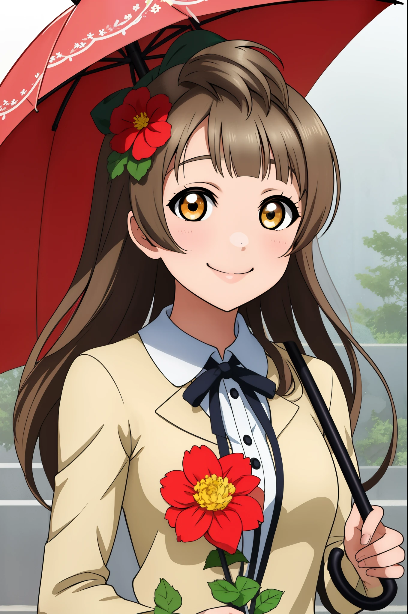 Masterpiece, best quality, (detailed face),solo, minami kotori, smile, holding, upper_body, flower, umbrella, holding_umbrella, closed mouth