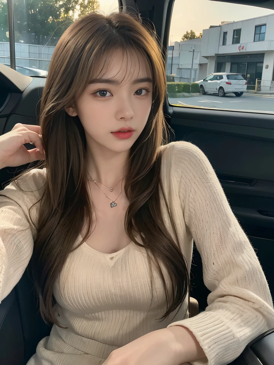 ((Realistic lighting、Top quality、8k、masterpiece:1.3))、Be focused:1.2、naked:1.3、1 Girl、Perfect body:1.4、Slim abdominal muscles:1.1、Dark brown eyes、((Dark brown hair、Mid-chest:1.2))、(Acceleration:1.4)、Thin face、in the car、Supine、Open your legs、Looking at the camera、(24 years old:1.3)、Ultra-fine face、Delicate eyes、Double eyelids、A necklace、