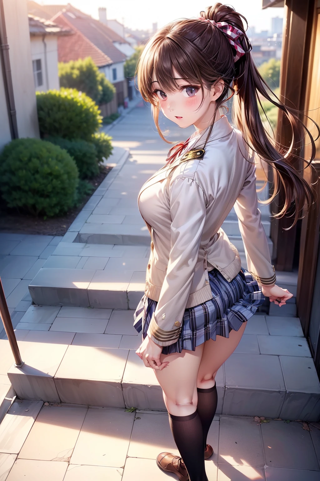 (masterpiece, highest quality, High resolution, 超High resolution, Perfect Pixel, Depth of written boundary, 4K, RTTX 10.0, High resolution))), (One woman:1.3), Beautiful Anime Women, Beautiful art style, Anime characters, ((Detailed face:1.2)), ((Smooth texture:0.75, Realistic texture:0.5, Anime CG Style)), (Maximum resolution: 1.2), Cinema Lighting, ((highest quality)), ((masterpiece)), (High resolution), 8K, Best Shadow, The best natural light, Cinematic, (Adult woman climbing the stairs:1.2), (brown hair,)、Looking back, bashful、ponytail, Red ribbon, (Navy Blue Blazer, Brown cardigan, White shirt, Checkered Skirt))、(Navy blue socks)、((Rear view))、(Angle from the bottom of the back:1.1)、Manga panel layout、Cartoon style、Manga Design、Station stairs、City stairs, (Skirt flipped up by strong wind:1.3), (A perfect skirt of uniform length:1.4), Pink side-tie satin panties, Slender body,Beautiful thighs, (Embarrassed look), On the way up the stairs