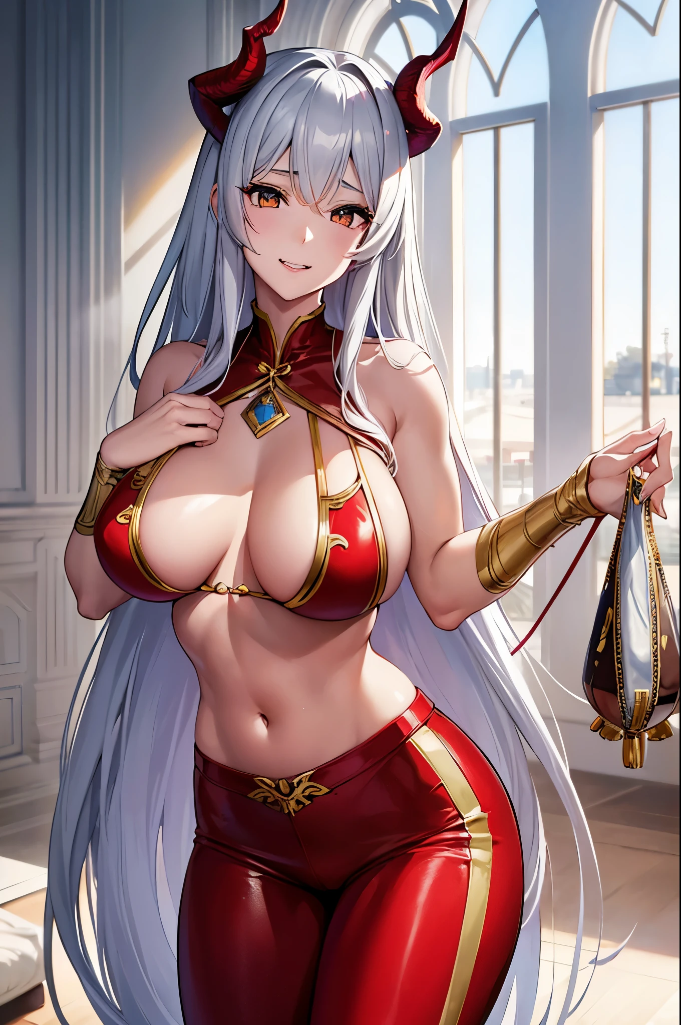 8k、豪華なWhite shirt,Red and silver jacketを身に着けた妖艶なサキュバス.,so beautiful(Like the real thing)、gorgeous red and black pants,Women of Araphedo、Beautiful wavy silver hair、Big and ample breasts、5d cgi anime Fantasy artwork、Fan Art Mayo Art Station、デジタルFantasy art)、Big blow Loss Draw、壮大なFantasy artスタイル、Beautiful Succubus、charm、Beautiful fangs、Looking at the audience、Captivating Gaze、Laughter、masterpiece,masterpiece,Photorealistic RAW photos of the highest quality。Bright colors,Rich colors, Backlight, Cinema Lighting, Film Grain, to be born, 50mm lens, Nikon D850,Realistic Skin,Fantasy art,Character Art,Ultra-high resolution,Realistic scale skins,Goddess of Evil,Horns of the Evil God,A muscular and slender macho man,My abdominal muscles are severely torn,Golden Eyes(Golden Glitter Effect),My abdominal muscles are severely torn(超Realistic Skin),smile,White shirt,Red and silver jacket,Sandy Beach,