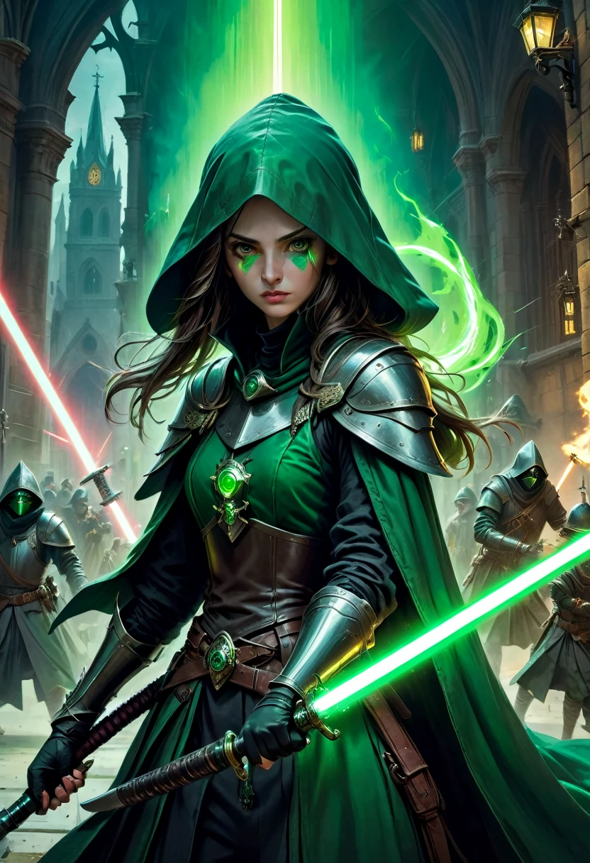 1girl, Swordsman, medieval plague doctors fighting plague infected abominations with dark green lightsabers holding them correctly like swords, green aura, Epic cinematic brilliant stunning intricate meticulously detailed dramatic atmospheric maximalist digital matte painting