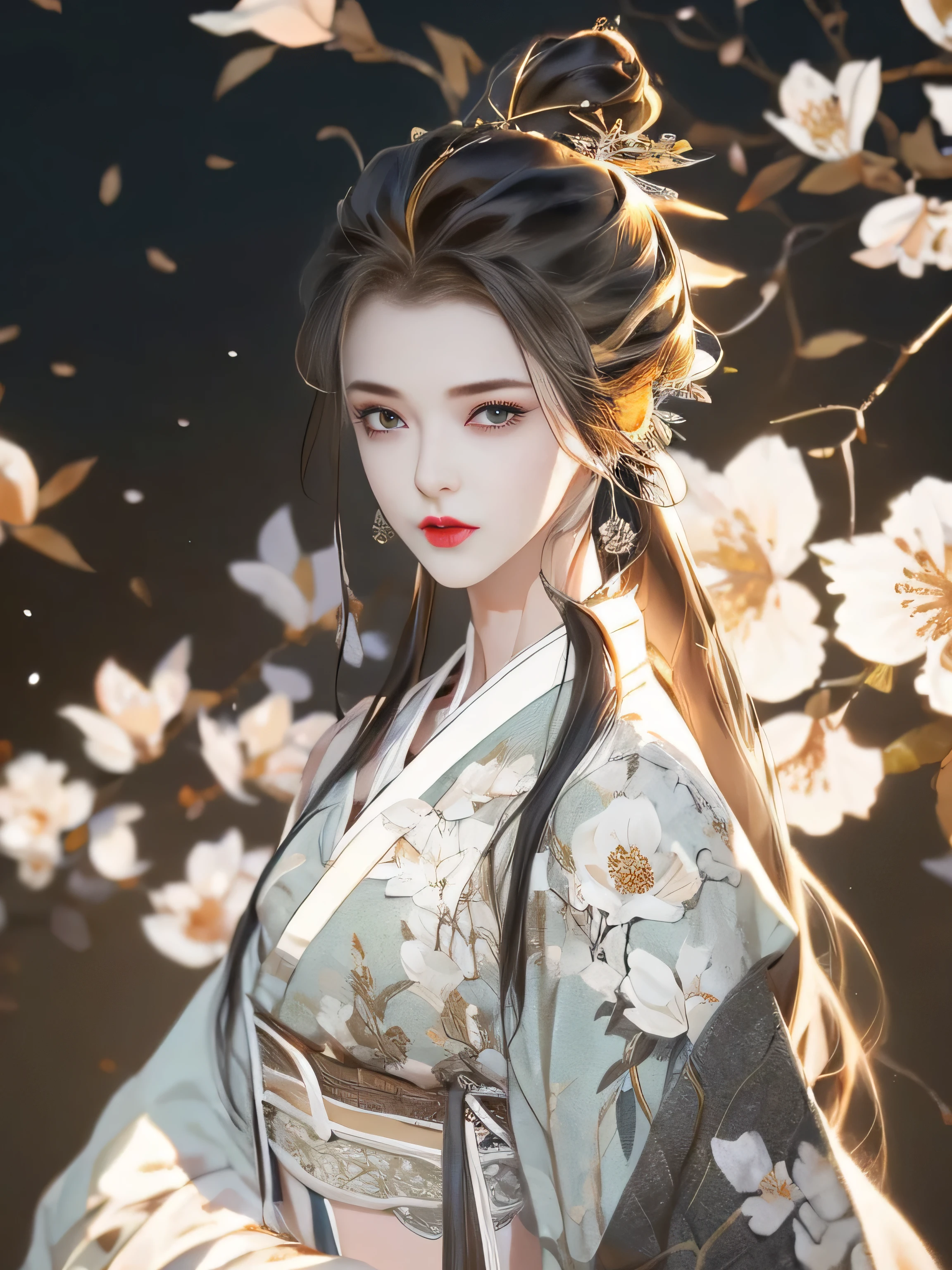 Beautiful details for girl，Very detailed eyes and face，Beautiful eye details，Ultra Detailed，high resolution，Very detailed，best quality，illustration，Fine details，best quality，Very detailed CG，8k wallpaper，A woman，Trees，Black long hair，ponytail，Hanfu girl，flowering，complex texture，ribbon，navel，Shoulder，complex background，Half Body，Solitary