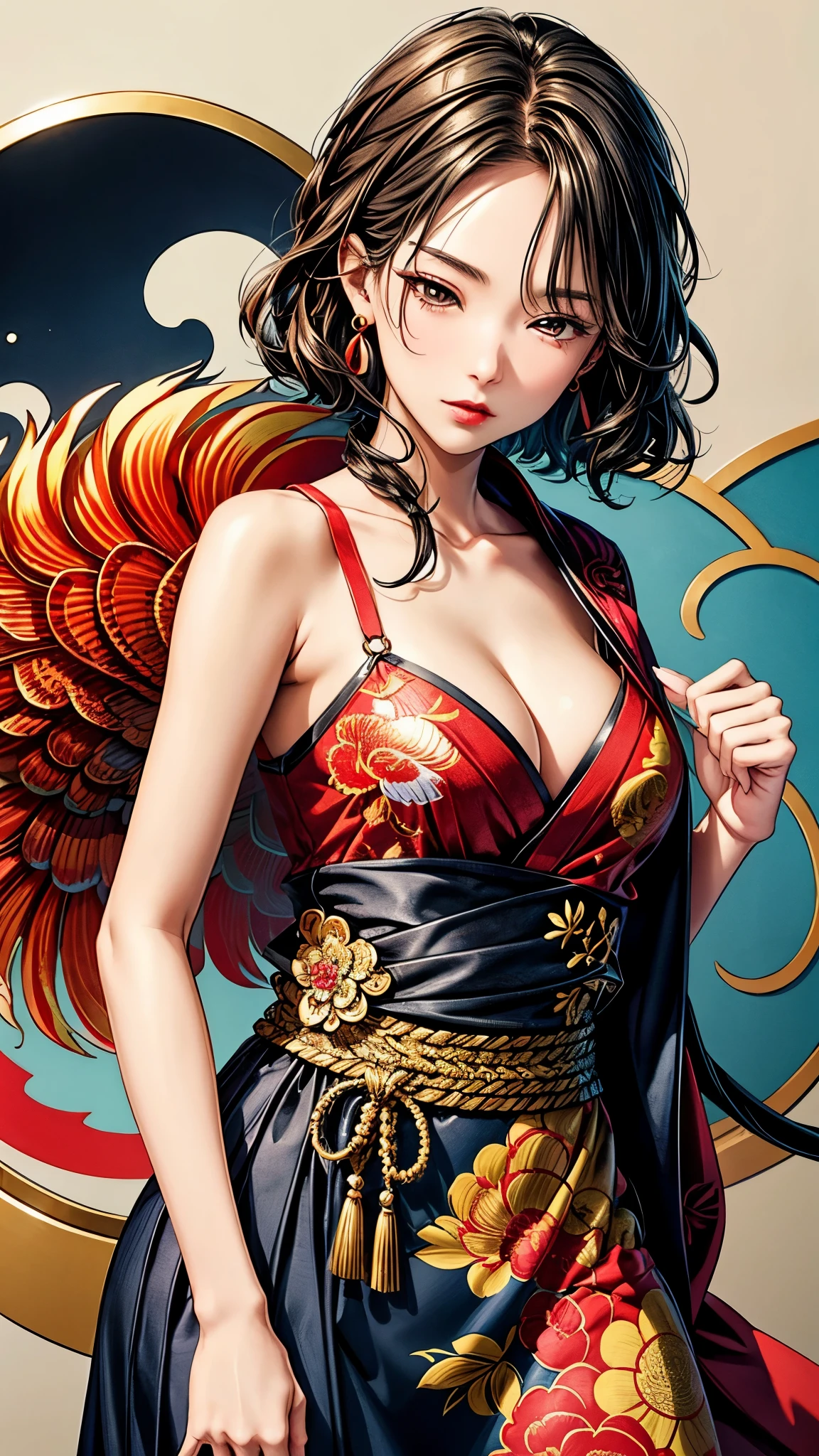 {{{{{illustration}}}}},author：Yuko Shimizu,1 Girl,Chinese Phoenix,Chinese Girl,female focus on, {{Colored ink drawing}},{{Ink splash}},{{Splash of Color}},{{{rich and colorful}}},{{sketch}}, masterpiece,best quality, Beautiful painting,Very detailed,