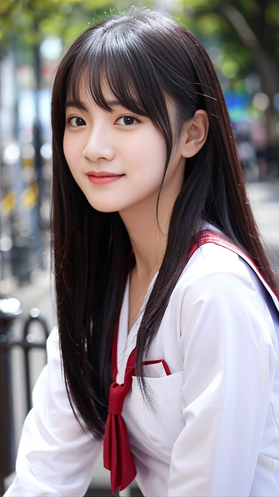 early summer、tanned beautiful girl、sixteen years old、Open your mouth a little、Black hair straight long hair、red summer dress、white sheer summer cardigan、