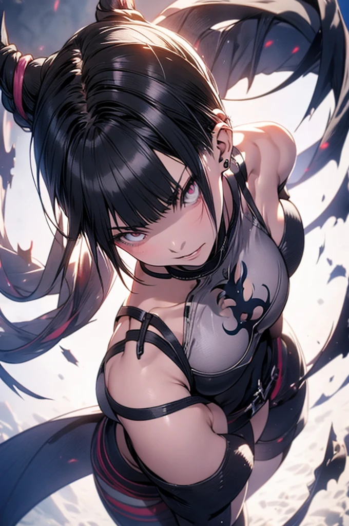 solo, masterpiece, best quality, agrias, grey sweater, black leotard, standing, looking at viewer, short hair,oculos,evil smile, evil look, chun li,luvas preta,roupa azul,yandere rosto,low lighting,coxa sarada