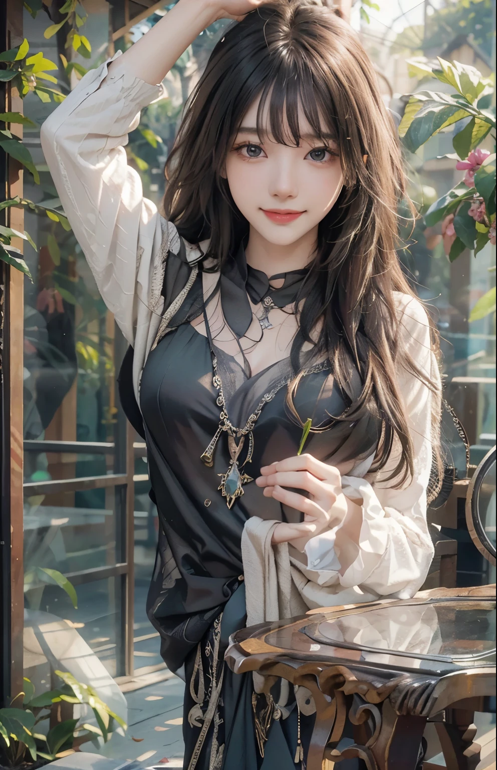 (Surrealism) , (Implications), (Improve resolution), (8k), （RAW photos，Best quality），（Realistically，Shoot real：1.3），Best quality，Very detailed，masterpiece，Super detailed，( wallpaper), (Detailed face), solo,1个Giant Breast Girl, Looking at the audience，Upper part of the body，Dynamic angle，World famous dramas，Messy long hair，Best quality，Extremely detailed CG Unity 8K wallpaper，Smile,White hair，Black shawl straight hair，Side bangs