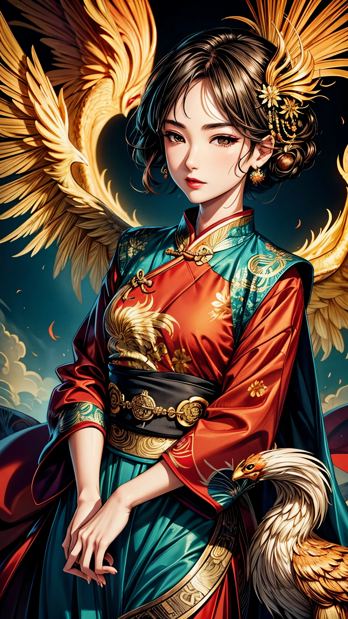 {{{{{illustration}}}}},author:Yuko Shimizu,1 Girl,Chinese Phoenix,Chinese Girl,female focus on, {{Colored ink drawing}},{{Ink splash}},{{Splash of Color}},{{{rich and colorful}}},{{sketch}}, masterpiece,best quality, Beautiful painting,Very detailed,